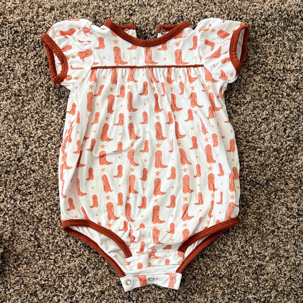 Ruth & Ralph Burnt Orange Cowboy Boot Print Romper- Size 24mos.